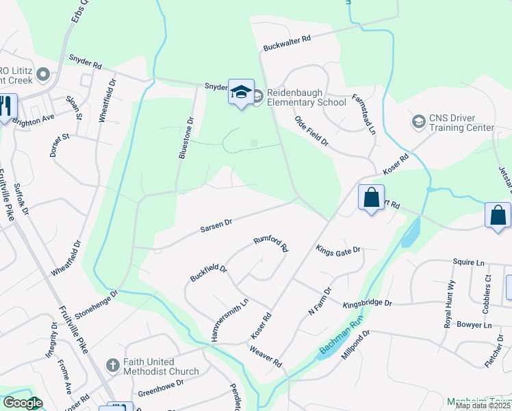 map of restaurants, bars, coffee shops, grocery stores, and more near 315 Sarsen Drive in Lititz