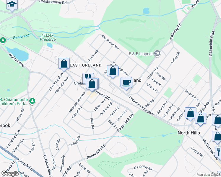 map of restaurants, bars, coffee shops, grocery stores, and more near 1300 State Route 2027 in Oreland