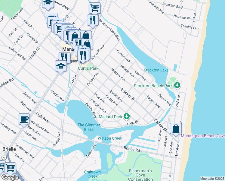 map of restaurants, bars, coffee shops, grocery stores, and more near 352 Euclid Avenue in Manasquan