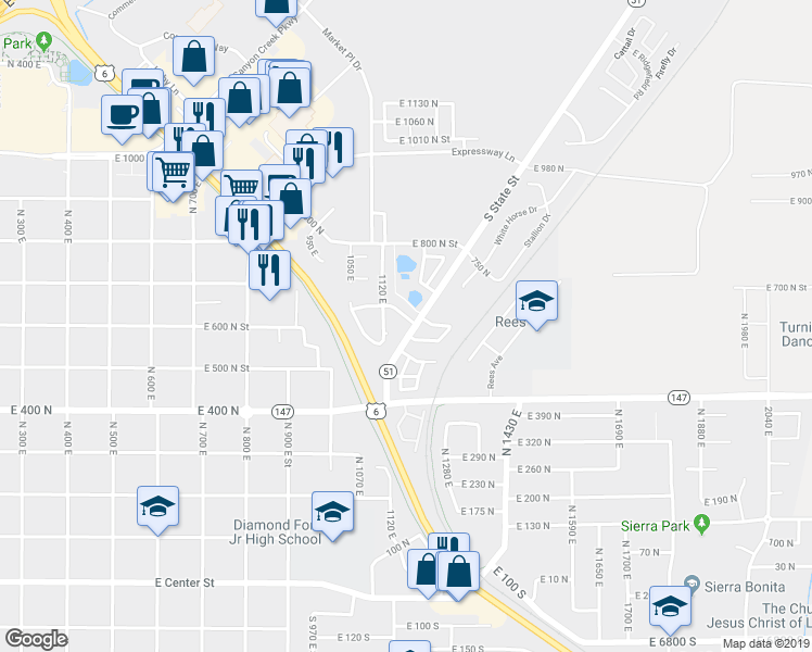 map of restaurants, bars, coffee shops, grocery stores, and more near 1178 East 660 North in Spanish Fork