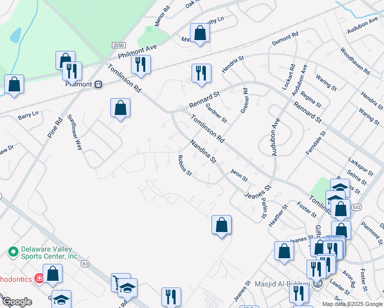 map of restaurants, bars, coffee shops, grocery stores, and more near 10836 Nandina Lane in Philadelphia