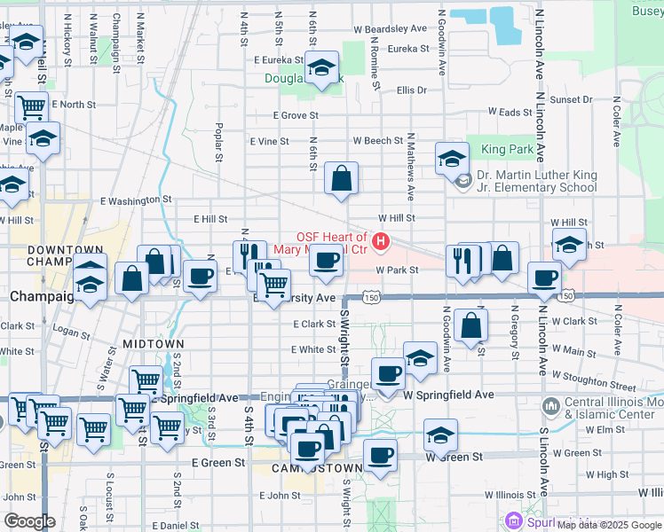 map of restaurants, bars, coffee shops, grocery stores, and more near 612 East Park Street in Champaign