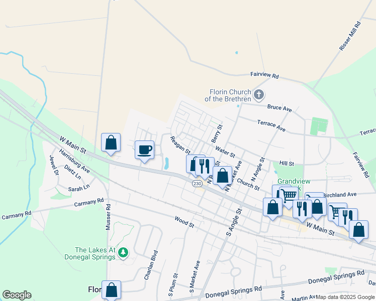 map of restaurants, bars, coffee shops, grocery stores, and more near 1019 Reagan Street in Mount Joy