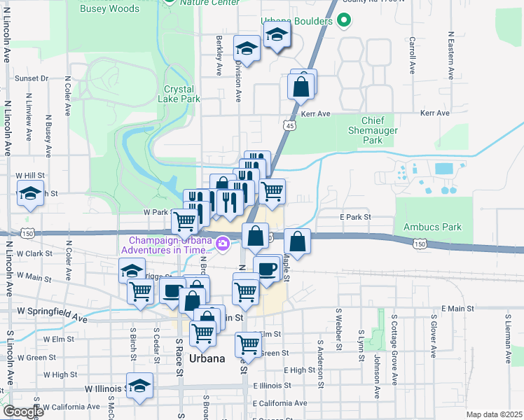 map of restaurants, bars, coffee shops, grocery stores, and more near in Urbana