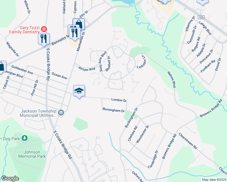 map of restaurants, bars, coffee shops, grocery stores, and more near 95 Azalea Circle in Jackson Township