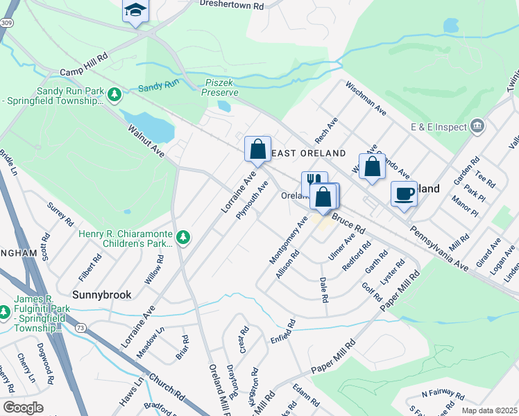 map of restaurants, bars, coffee shops, grocery stores, and more near 145 Roesch Avenue in Oreland