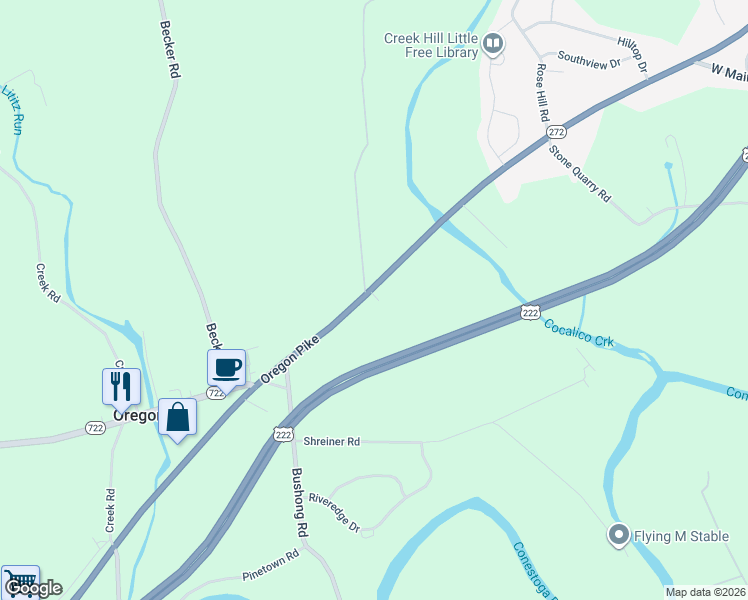 map of restaurants, bars, coffee shops, grocery stores, and more near 3830 Oregon Pike in Lancaster County