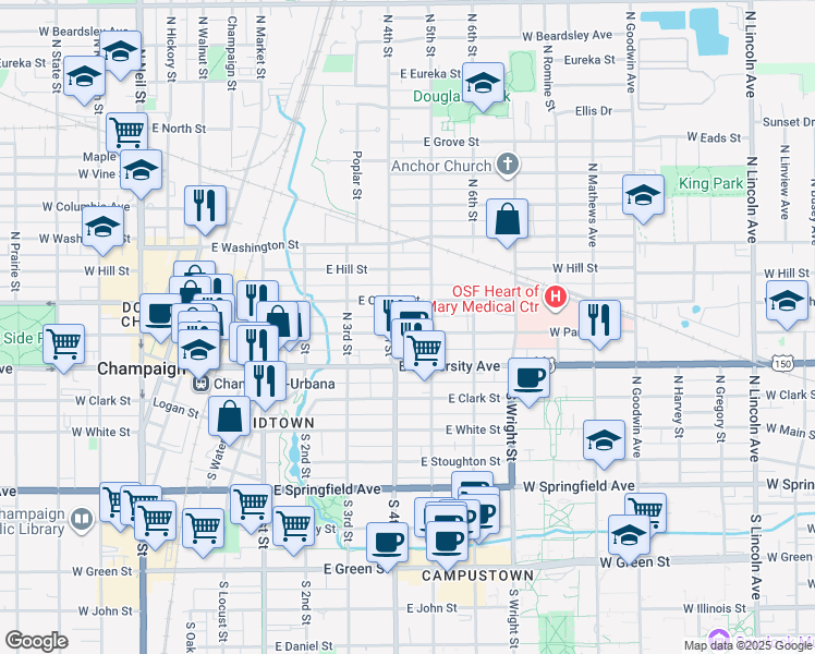 map of restaurants, bars, coffee shops, grocery stores, and more near 406 East Park Street in Champaign