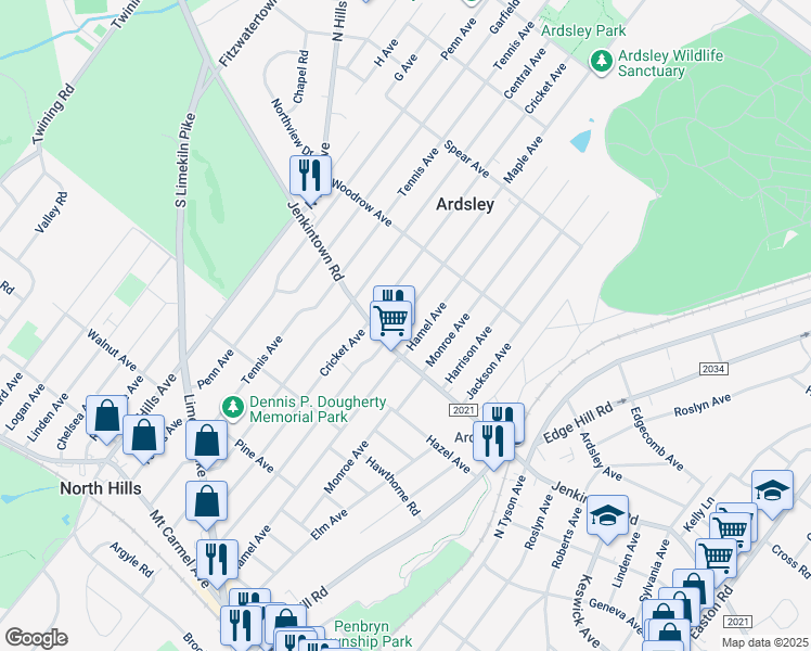 map of restaurants, bars, coffee shops, grocery stores, and more near 619 Maple Avenue in Glenside