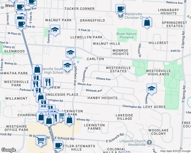 map of restaurants, bars, coffee shops, grocery stores, and more near 342 Ottawa Avenue in Westerville