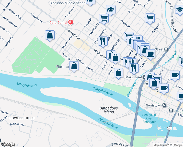 map of restaurants, bars, coffee shops, grocery stores, and more near 21 Stanbridge Street in Norristown