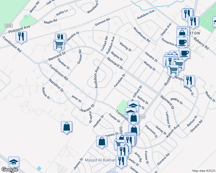 map of restaurants, bars, coffee shops, grocery stores, and more near 11209 Jeanes Street in Philadelphia