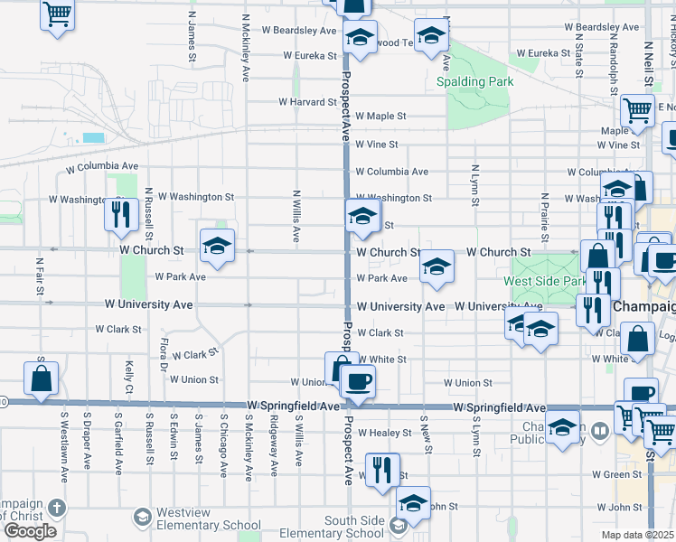 map of restaurants, bars, coffee shops, grocery stores, and more near 900 West Park Avenue in Champaign