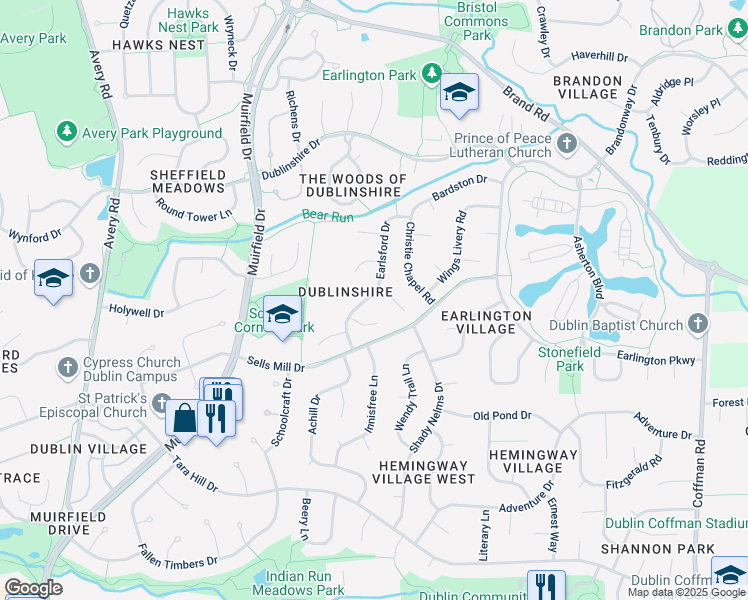 map of restaurants, bars, coffee shops, grocery stores, and more near 7370 Earlsford Drive in Dublin