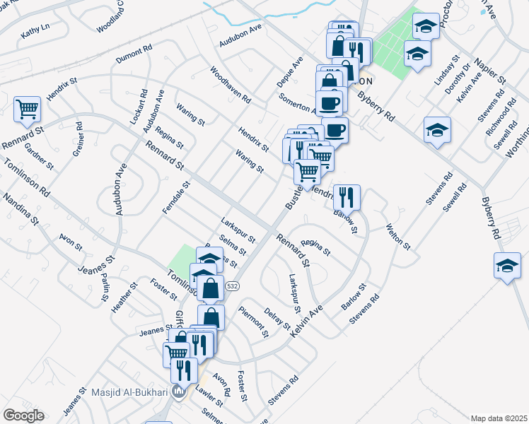 map of restaurants, bars, coffee shops, grocery stores, and more near 11609 Banes Street in Philadelphia