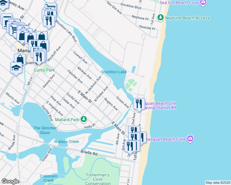 map of restaurants, bars, coffee shops, grocery stores, and more near 30 Ocean Avenue in Manasquan