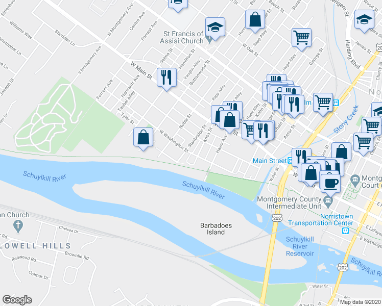 map of restaurants, bars, coffee shops, grocery stores, and more near 899 West Washington Street in Norristown