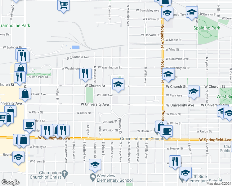 map of restaurants, bars, coffee shops, grocery stores, and more near 1116 West Park Avenue in Champaign