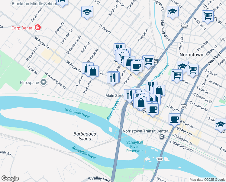map of restaurants, bars, coffee shops, grocery stores, and more near 404 West Main Street in Norristown