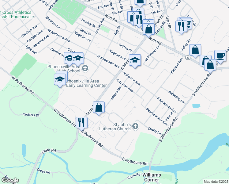 map of restaurants, bars, coffee shops, grocery stores, and more near 1340 Melvin Road in Phoenixville