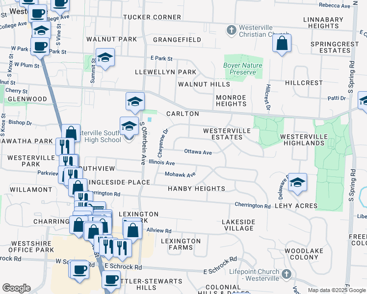 map of restaurants, bars, coffee shops, grocery stores, and more near 342 Ottawa Avenue in Westerville