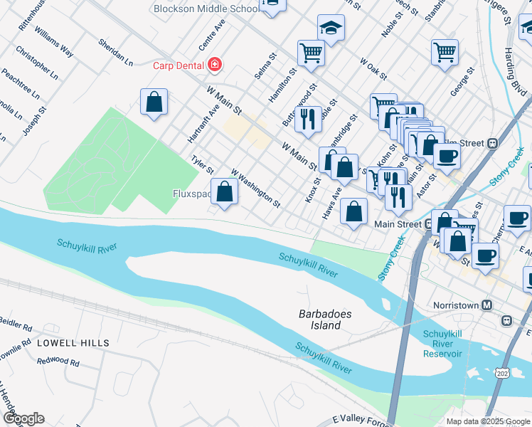 map of restaurants, bars, coffee shops, grocery stores, and more near 15 Roberts Alley in Norristown