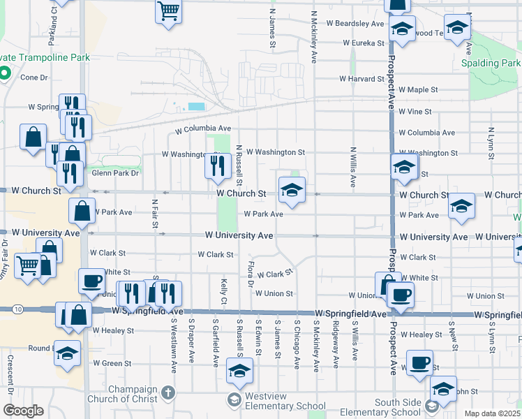 map of restaurants, bars, coffee shops, grocery stores, and more near 1210 West Park Avenue in Champaign