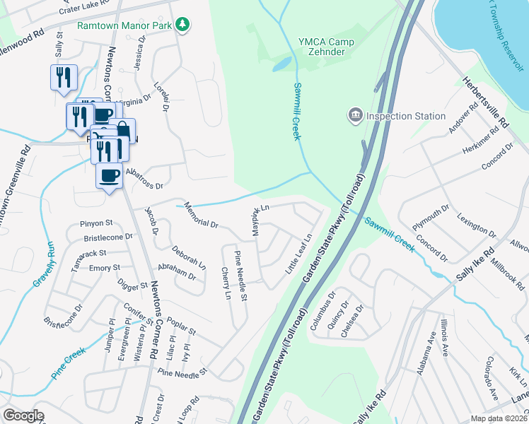 map of restaurants, bars, coffee shops, grocery stores, and more near 112 Maypink Lane in Howell Township