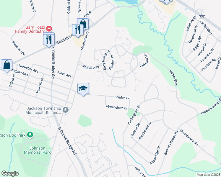 map of restaurants, bars, coffee shops, grocery stores, and more near 65 Orchard Court in Jackson Township