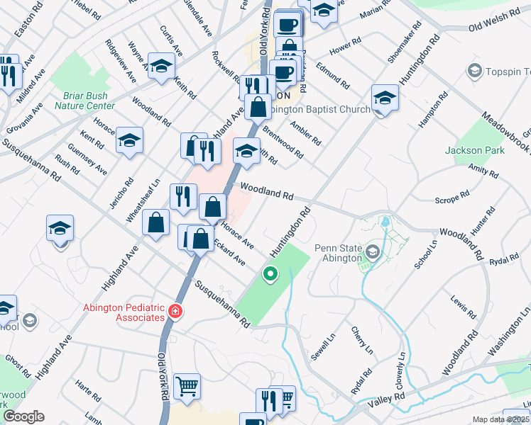 map of restaurants, bars, coffee shops, grocery stores, and more near 1245 Bockius Avenue in Abington
