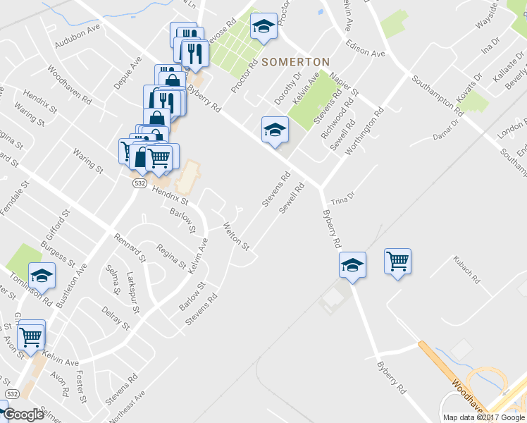 map of restaurants, bars, coffee shops, grocery stores, and more near 11935 Stevens Road in Philadelphia