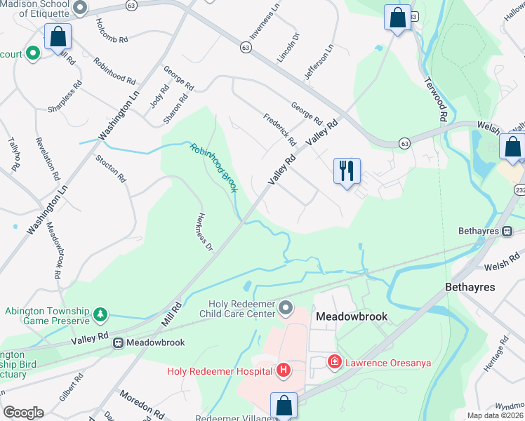 map of restaurants, bars, coffee shops, grocery stores, and more near 960 Valley View Drive in Meadowbrook