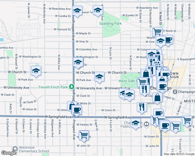 map of restaurants, bars, coffee shops, grocery stores, and more near 202 N New St in Champaign