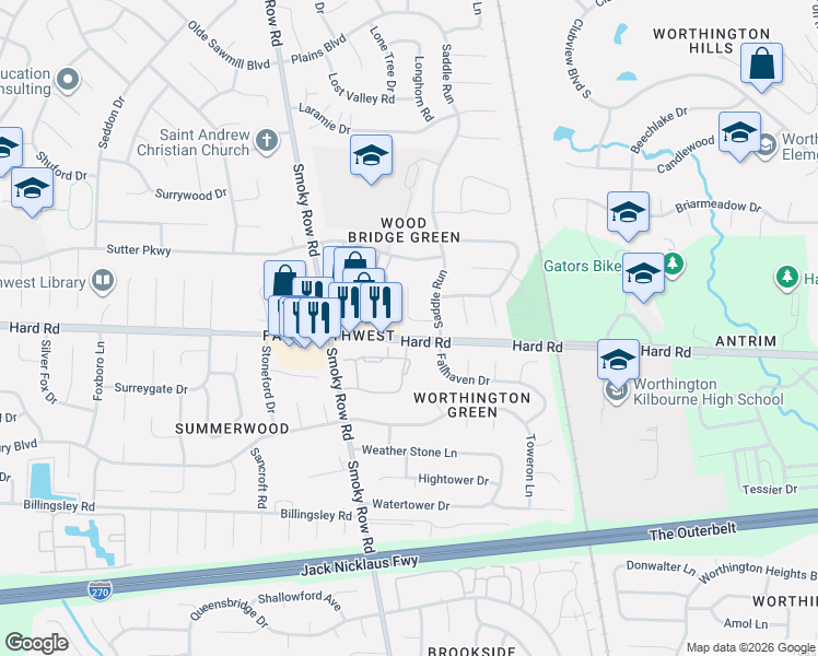map of restaurants, bars, coffee shops, grocery stores, and more near 1799 Birchfield Court in Powell