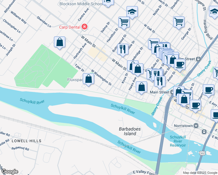 map of restaurants, bars, coffee shops, grocery stores, and more near 21 Stanbridge Street in Norristown