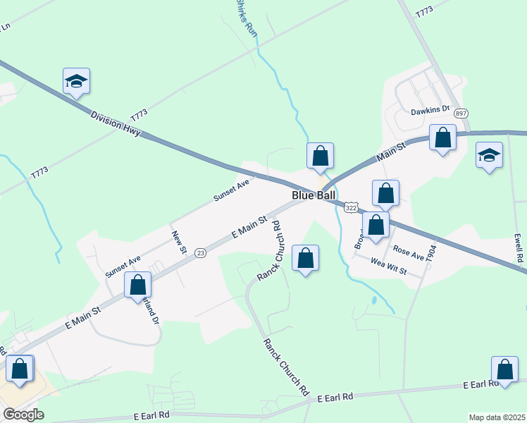 map of restaurants, bars, coffee shops, grocery stores, and more near 1063 East Main Street in New Holland
