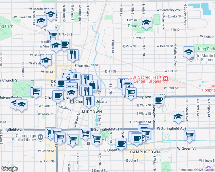 map of restaurants, bars, coffee shops, grocery stores, and more near 210 East Park Street in Champaign