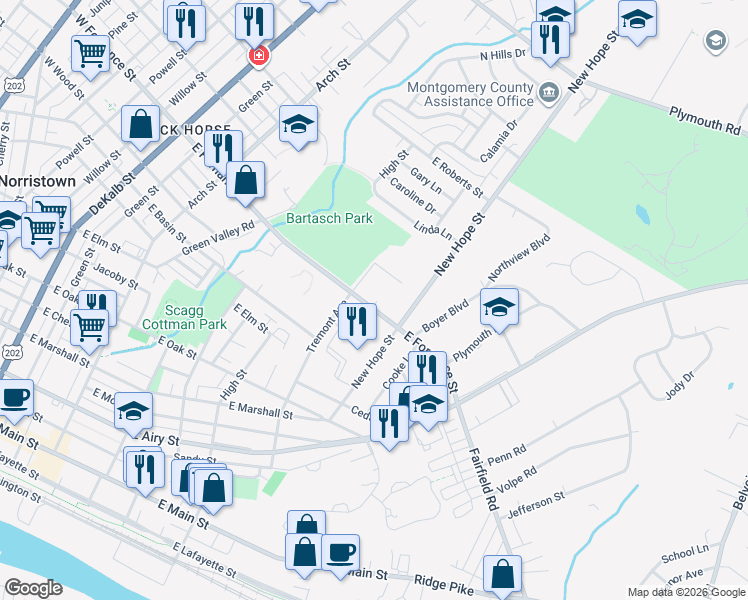 map of restaurants, bars, coffee shops, grocery stores, and more near 711 East Fornance Street in Norristown