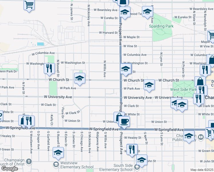 map of restaurants, bars, coffee shops, grocery stores, and more near 920 West Park Avenue in Champaign
