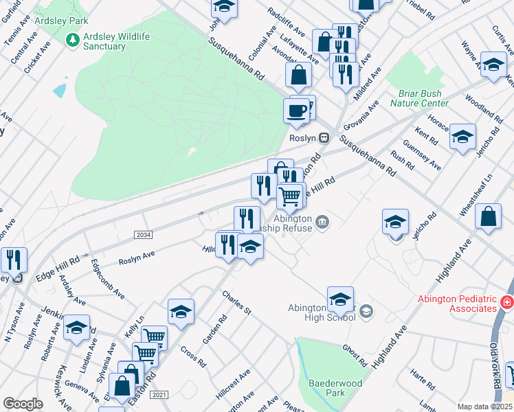 map of restaurants, bars, coffee shops, grocery stores, and more near 926 Bradfield Road in Abington