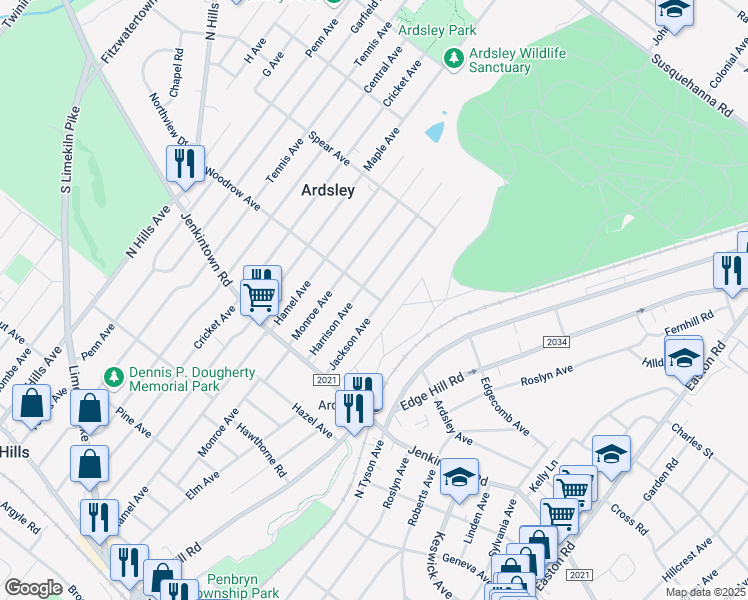 map of restaurants, bars, coffee shops, grocery stores, and more near 2700 Woodrow Avenue in Glenside