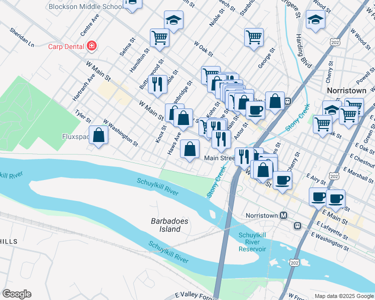 map of restaurants, bars, coffee shops, grocery stores, and more near 617 West Lafayette Street in Norristown