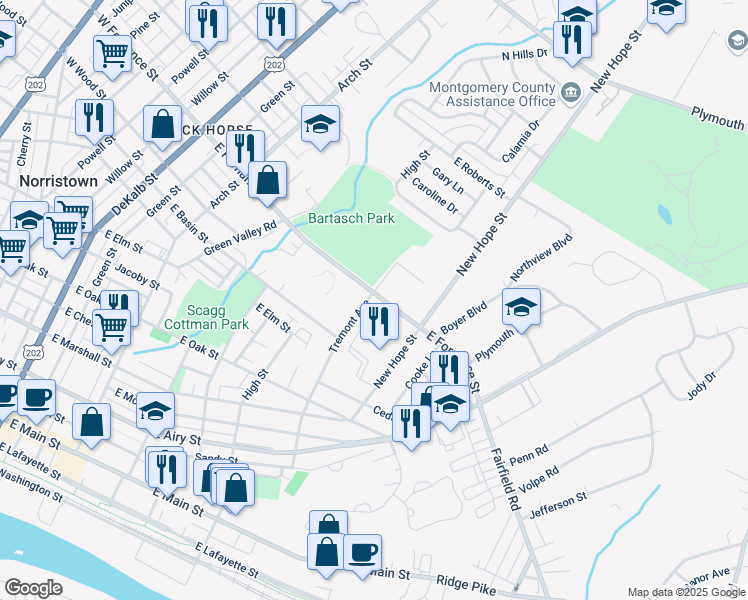 map of restaurants, bars, coffee shops, grocery stores, and more near 700 East Fornance Street in Norristown