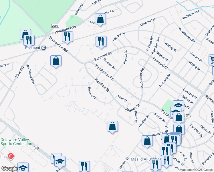 map of restaurants, bars, coffee shops, grocery stores, and more near 237 Nandina Terrace in Philadelphia