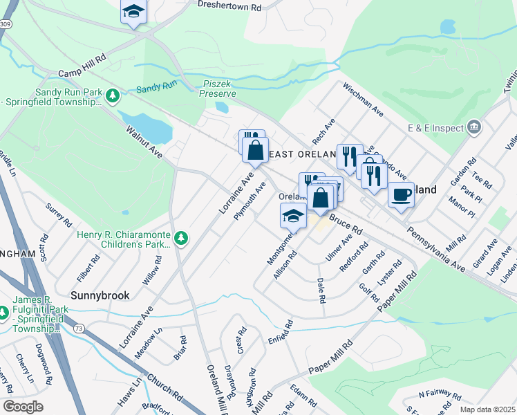 map of restaurants, bars, coffee shops, grocery stores, and more near 143 Roesch Avenue in Oreland