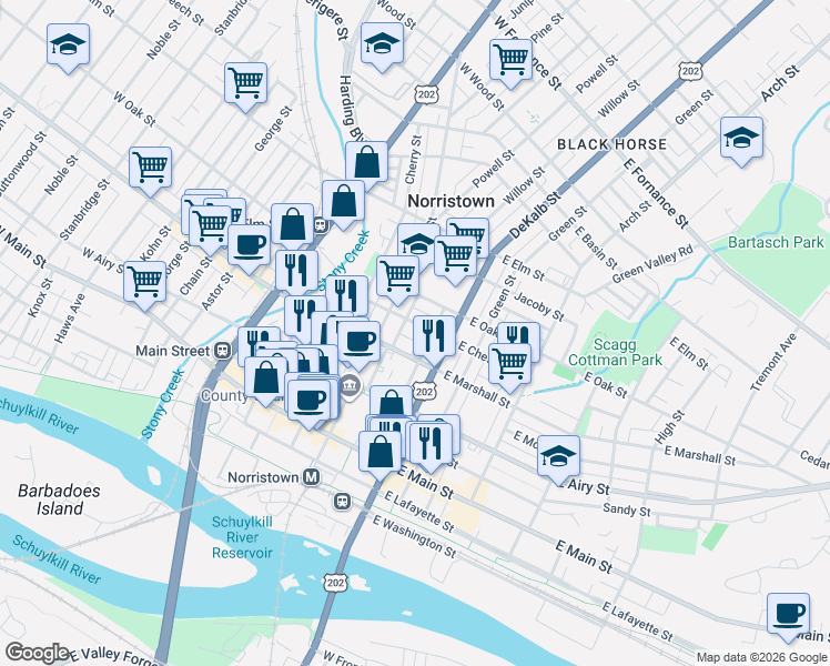 map of restaurants, bars, coffee shops, grocery stores, and more near 25 East Marshall Street in Norristown