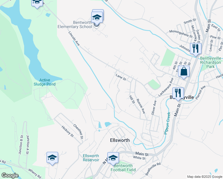 map of restaurants, bars, coffee shops, grocery stores, and more near 121 Deer Street in Bentleyville