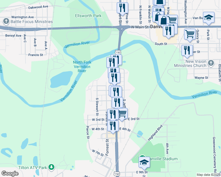 map of restaurants, bars, coffee shops, grocery stores, and more near 100-198 Forrest Street in Danville