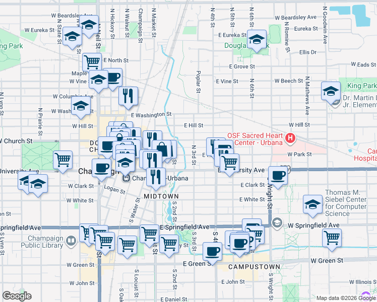 map of restaurants, bars, coffee shops, grocery stores, and more near 210 East Park Street in Champaign