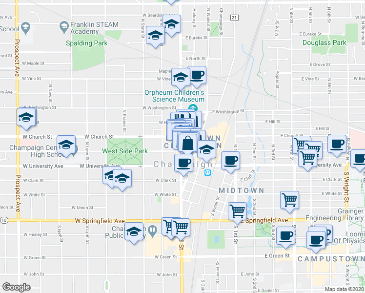 map of restaurants, bars, coffee shops, grocery stores, and more near 204 North Neil Street in Champaign